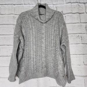 Everly Cable Knit Turtle Neck Long Sleeve Pullover Sweater Granite Gray One Size